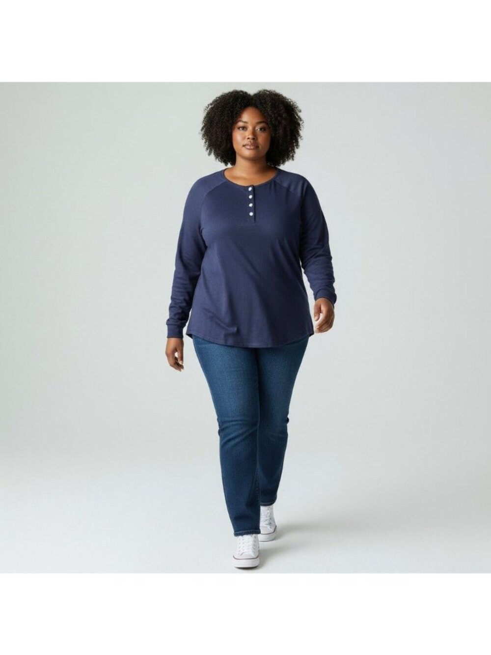 Wiholl Womens Long-Sleeve Henley Top XXL Navy Blue Pullover Shirt Cotton Blend